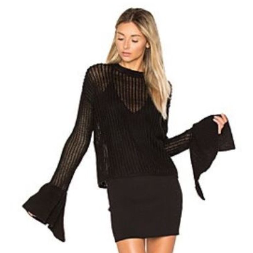 Lovers + Friends Black Sheer Ribbed Crewneck Sweater with Bell Sleeves